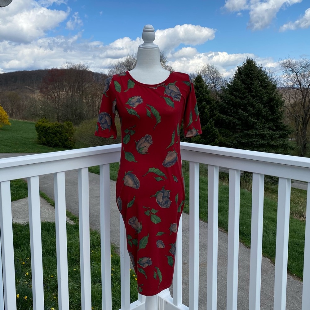 Lularoe Womens Burgundy Red Rose Print Julia Dress